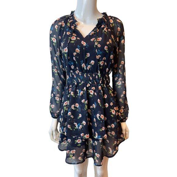Allegra K Women Floral Chiffon Mini Dress Smocked Waist Ruffle Layers Blue SZ XS - Picture 2 of 10